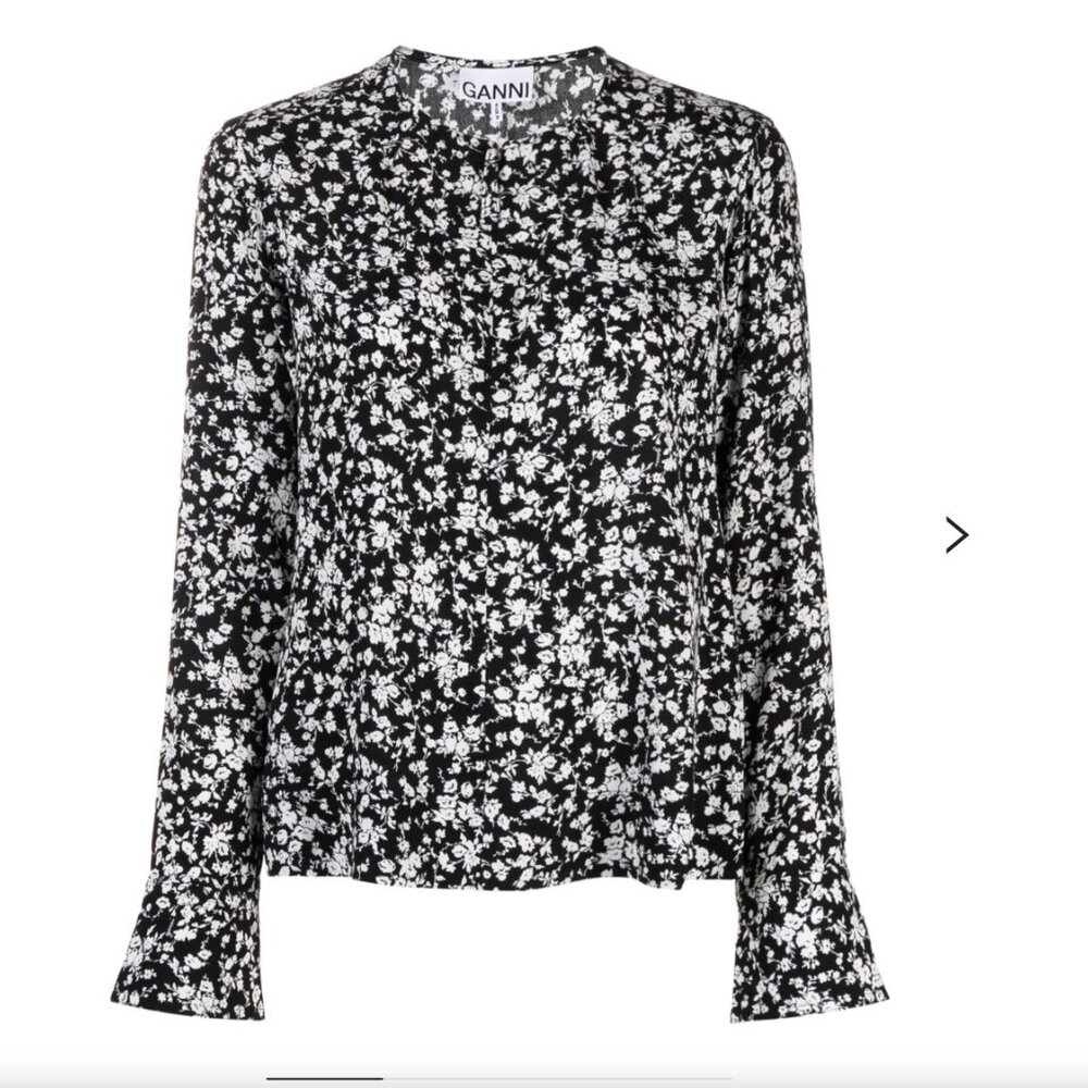 GANNI - black and white floral print crepe blouse